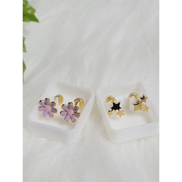 2 Sets of Star and Purple Flower Style Stainless Steel Earrings  02034 - Picture 4 of 10